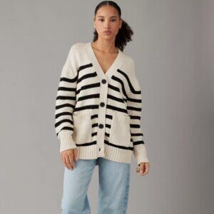 AE Oversized Thick Knit Cardigan Off-White with Black Stripes